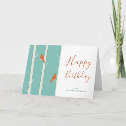 Retro Orange Birds on Birch Trees Birthday Card
