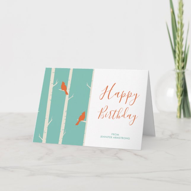 Retro Orange Birds on Birch Trees Birthday Card (Front)