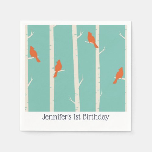 Retro Orange Birds on Birch Trees Birthday Napkins