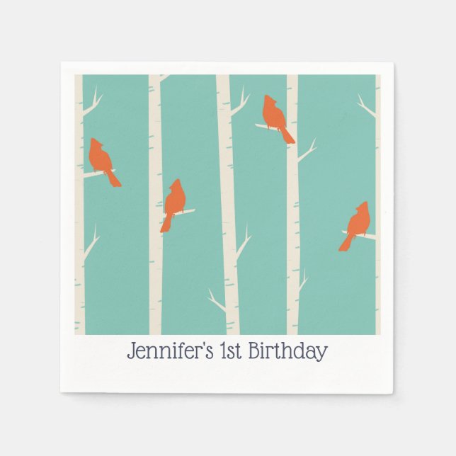 Retro Orange Birds on Birch Trees Birthday Napkins (Front)