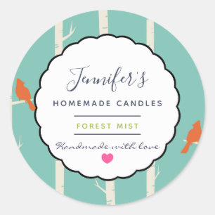 Retro Orange Birds on Birch Trees Candle Soap Classic Round Sticker