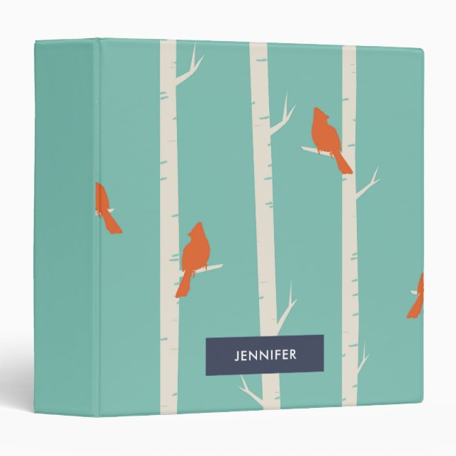 Retro Orange Birds on Birch Trees Illustration 3 Ring Binder (Front/Spine)