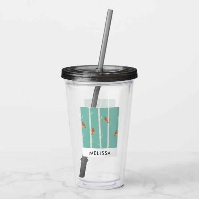 Retro Orange Birds on Birch Trees Illustration Acrylic Tumbler (Back)