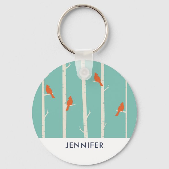Retro Orange Birds on Birch Trees Illustration Keychain (Front)