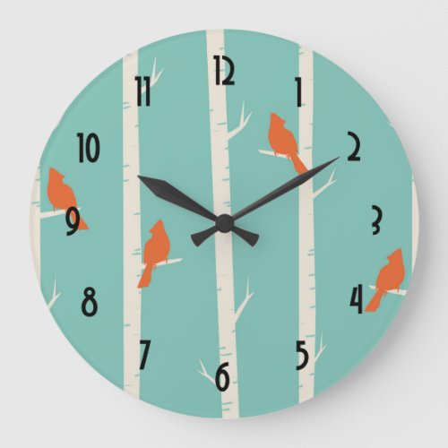 Retro Orange Birds on Birch Trees Illustration Large Clock