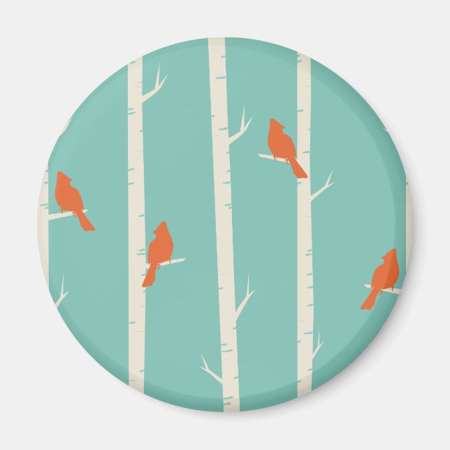 Retro Orange Birds on Birch Trees Illustration Magnet (Front)