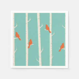 Retro Orange Birds on Birch Trees Illustration Napkins
