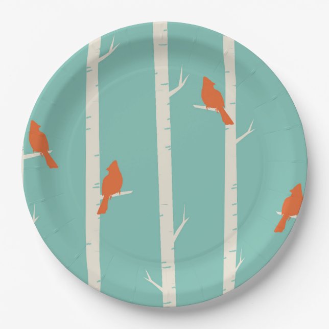 Retro Orange Birds on Birch Trees Illustration Paper Plates (Front)