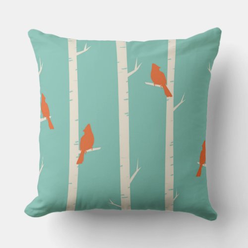 Retro Orange Birds on Birch Trees Illustration Throw Pillow