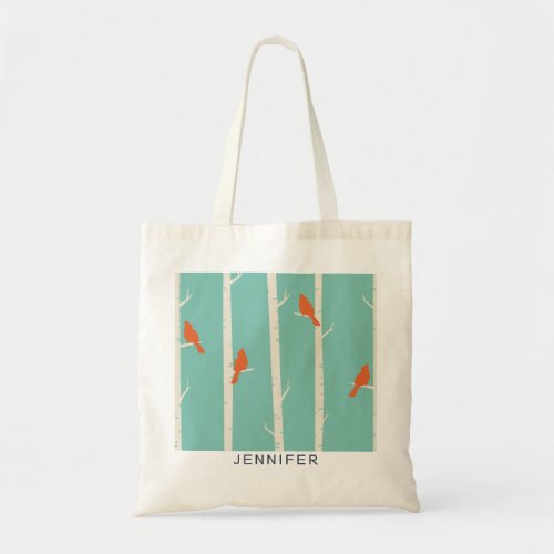 Retro Orange Birds on Birch Trees Illustration Tote Bag