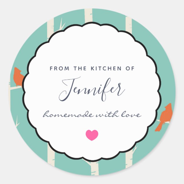 Retro Orange Birds on Birch Trees Kitchen Classic Round Sticker (Front)