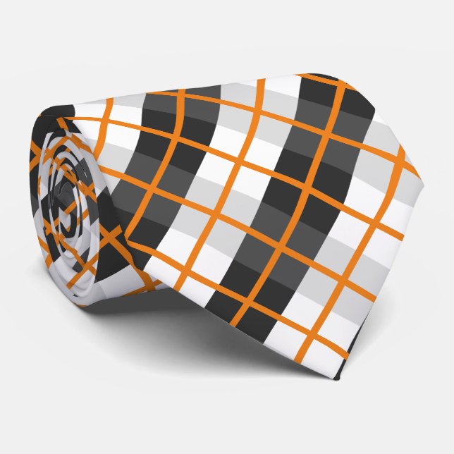Retro Orange Black and White Plaid Pattern Neck Tie (Rolled)