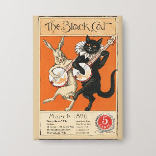 Retro Orange Black Cat White Rabbit Banjo Art Button