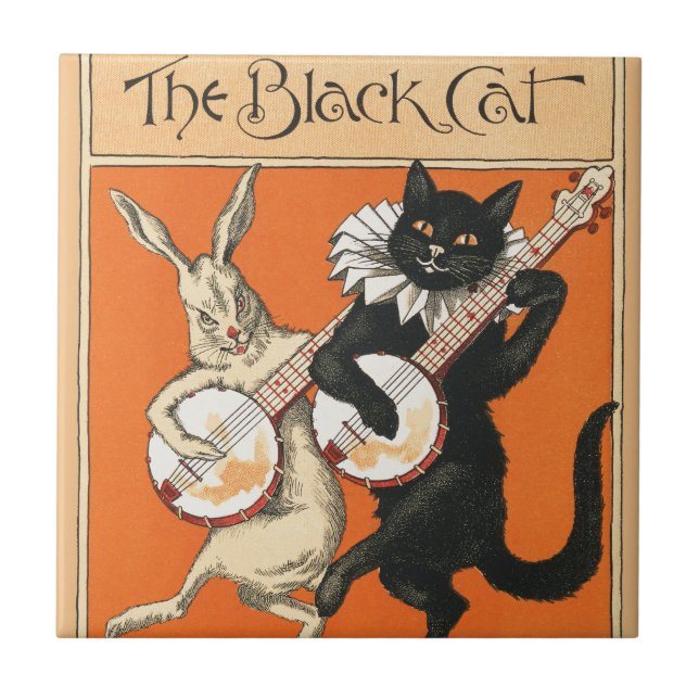 Retro Orange Black Cat White Rabbit Banjo Art Ceramic Tile (Front)