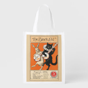 Retro Orange Black Cat White Rabbit Banjo Art Grocery Bag