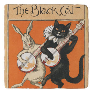 Retro Orange Black Cat White Rabbit Banjo Art Trivet