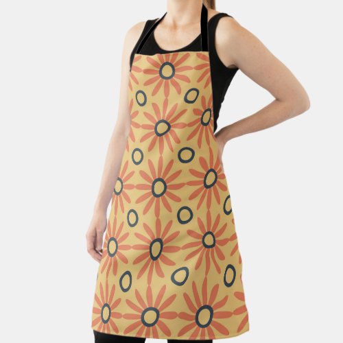 Retro Orange  Black Cute Abstract Floral Pattern Apron