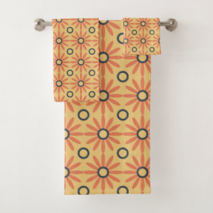 Retro Orange & Black Cute Abstract Floral Pattern Bath Towel Set