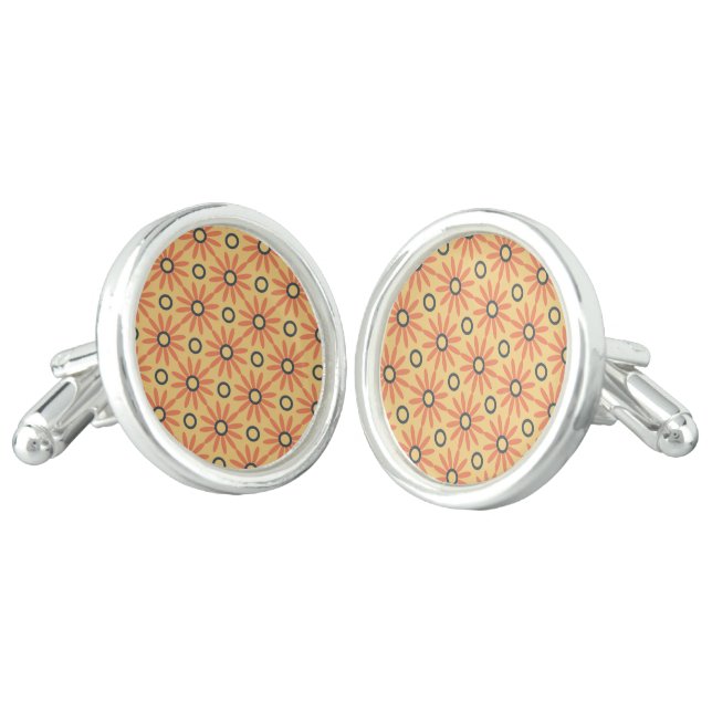 Retro Orange & Black Cute Abstract Floral Pattern Cufflinks (Angled)
