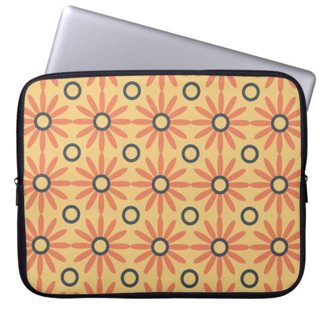 Retro Orange & Black Cute Abstract Floral Pattern Laptop Sleeve (Front)