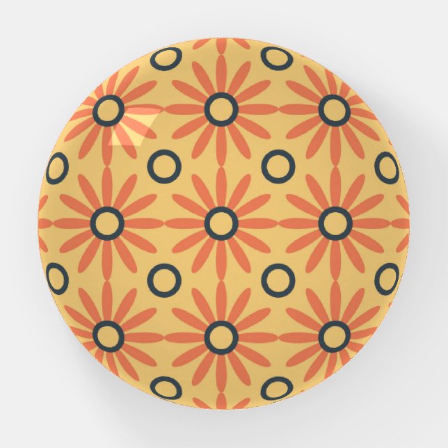 Retro Orange & Black Cute Abstract Floral Pattern Paperweight (Front)
