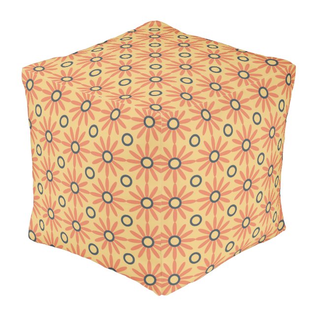 Retro Orange & Black Cute Abstract Floral Pattern Pouf (Angled Front)