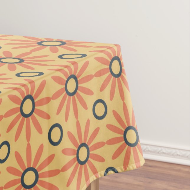 Retro Orange & Black Cute Abstract Floral Pattern Tablecloth (In Situ)