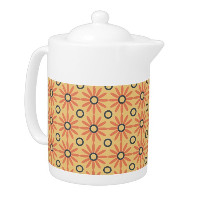 Retro Orange & Black Cute Abstract Floral Pattern Teapot (Left)