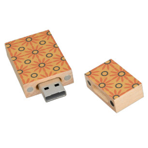 Retro Orange & Black Cute Abstract Floral Pattern Wood Flash Drive