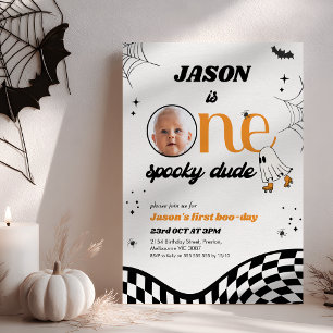 Retro Orange Black One Spooky Dude 1st Birthday Invitation