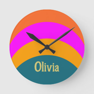 Retro Orange Blue and Magenta Name Colorful Round Clock