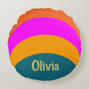 Retro Orange Blue and Magenta Name Text Template Round Pillow