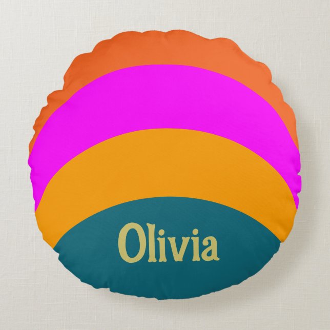 Retro Orange Blue and Magenta Name Text Template Round Pillow (Front)