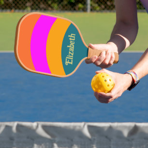 Retro Orange Blue and Magenta with Name Pickleball Paddle