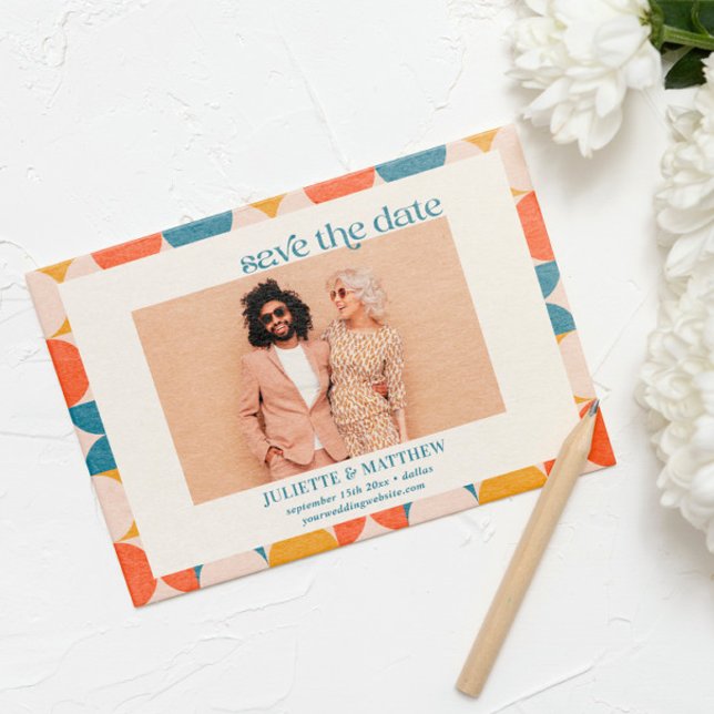 Retro Orange Blue Mid Century modern photo  Announcement (Mid Century Modern Orange Blue Yellow Pattern Photo Save the date)