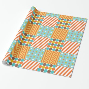 Retro Orange Blue Mustard Yellow Patchwork Pattern Wrapping Paper by VintageDesignsShop at Zazzle