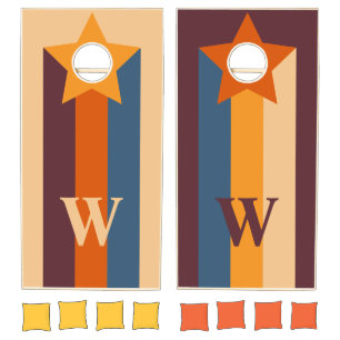 Retro Orange Blue Stripe and Star Custom Monogram Cornhole Set