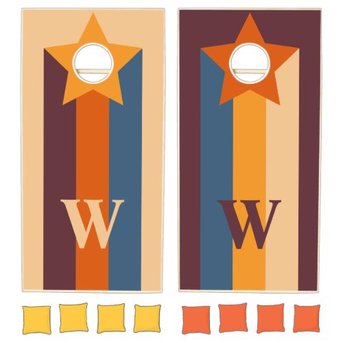 Retro Orange Blue Stripe and Star Custom Monogram  Cornhole Set