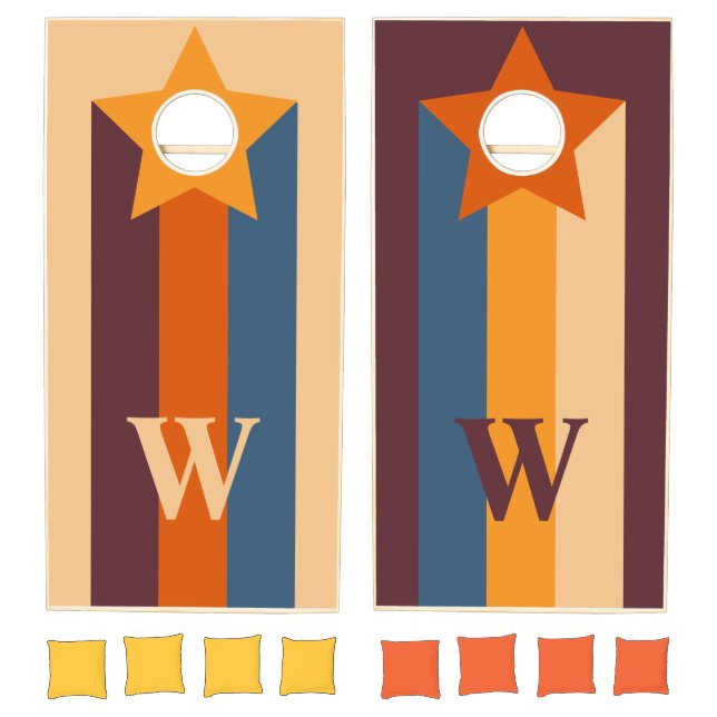 Retro Orange Blue Stripe and Star Custom Monogram  Cornhole Set (Set)
