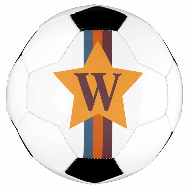 Retro Orange Blue Stripe and Star Custom Monogram Soccer Ball (Front)