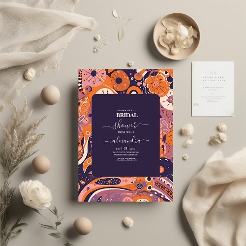 Retro orange blush pink purple groovy bridal invitation
