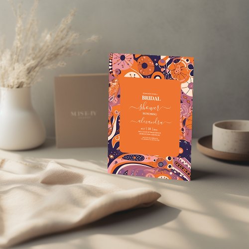 Retro orange blush pink purple groovy bridal invitation