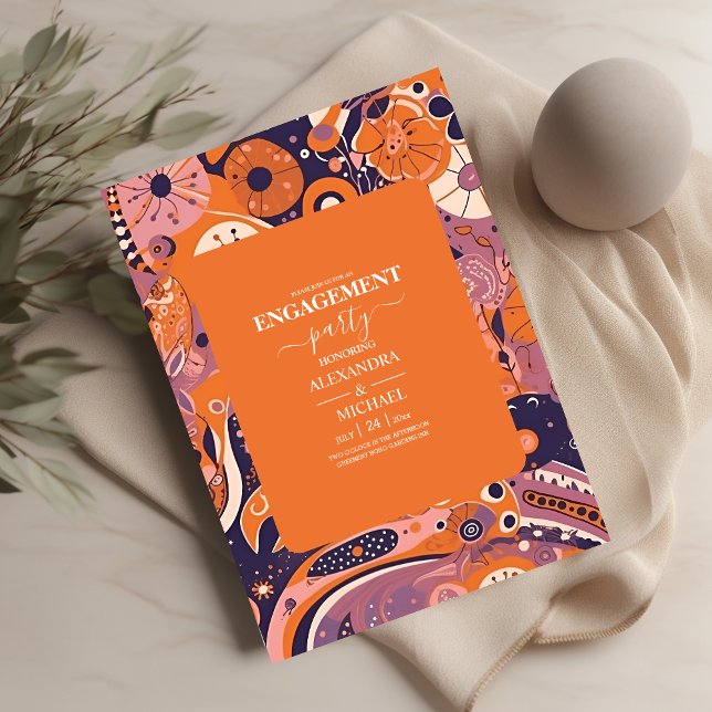Retro orange blush pink purple groovy engagement invitation (Creator Uploaded)