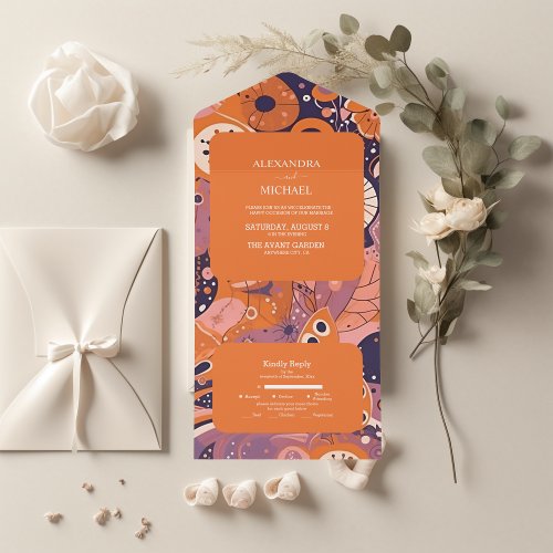 Retro orange blush pink purple groovy wedding all in one invitation