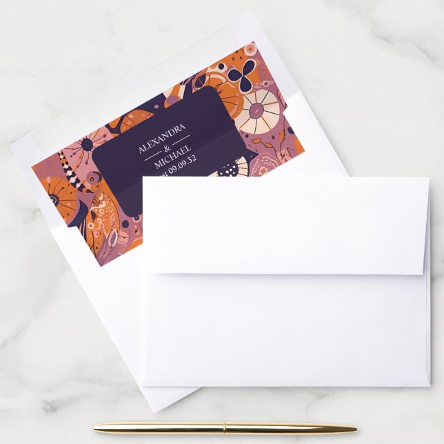 Retro orange blush pink purple groovy wedding envelope liner (Desk)