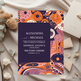 Retro orange blush pink purple groovy wedding invitation