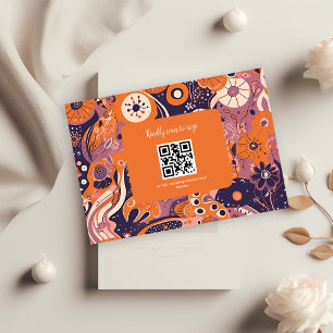 Retro orange blush pink purple groovy wedding RSVP card