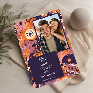 Retro orange blush pink purple groovy wedding save the date