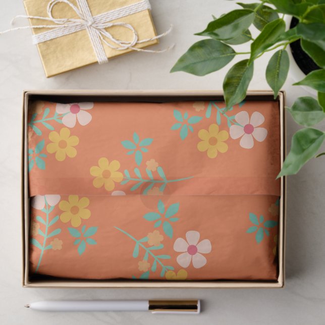 Retro Orange Boho Daisy Bouquet Pattern  Tissue Paper (Gift)