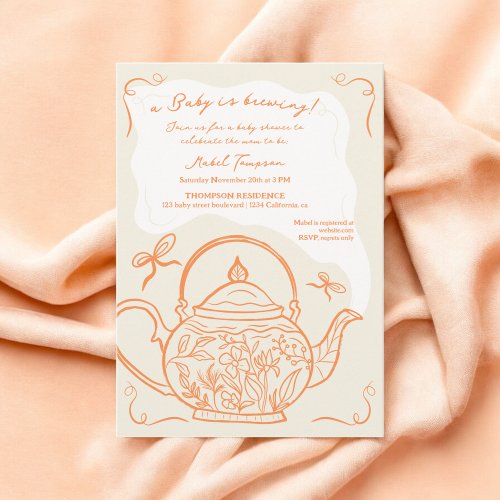 Retro orange bows teapot baby is brewing shower invitation